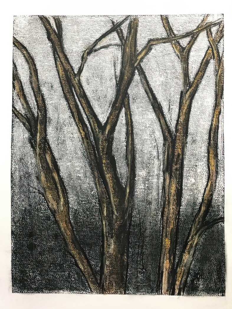 "Ochre Tree"", 16 x 12 inches, monotype with pastel, 2023